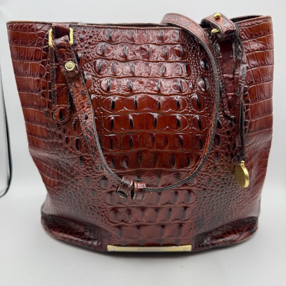 Brahmin Croc Embossed Leather Tote Bucket Bag Brown Chestnut Gold Hardware - Picture 2 of 11